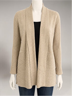 Women's Ellie Beige Ribbed Knit Open Cardigan Sweater L